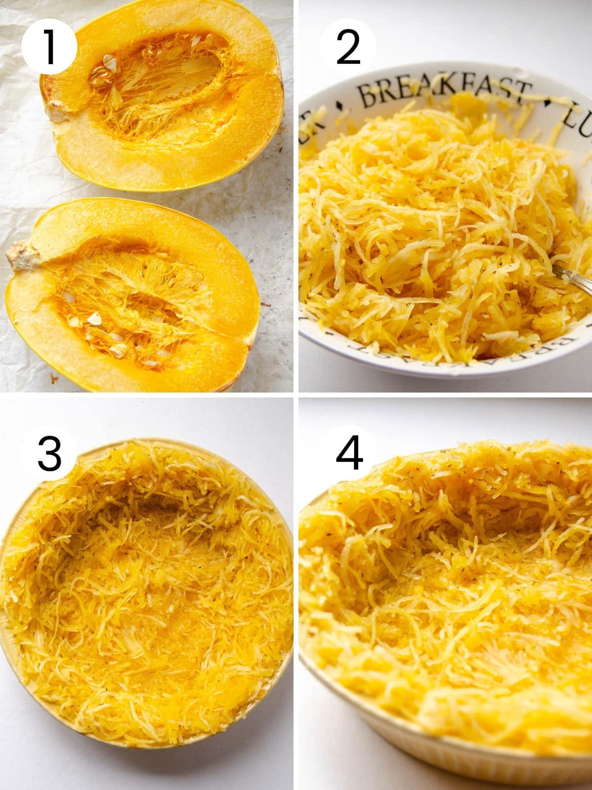 How to separate cooked spaghetti squash into strands and make quiche crust with it.
