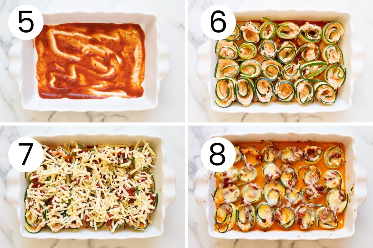 Step by step process how to arrange zucchini rolls in a baking pan and bake.